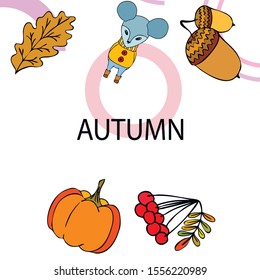 Autumn card with cartoon mouse, autumn leaves, pumpkins. Vector illustration.