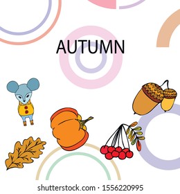 Autumn card with cartoon mouse, autumn leaves, pumpkins. Vector illustration.