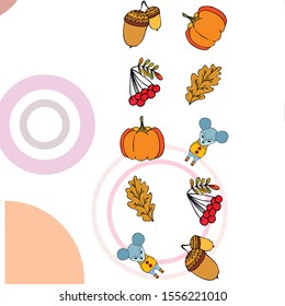 Autumn card with cartoon mouse, autumn leaves, pumpkins. Vector illustration.