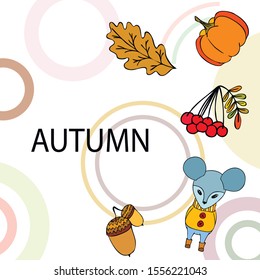 Autumn card with cartoon mouse, autumn leaves, pumpkins. Vector illustration.