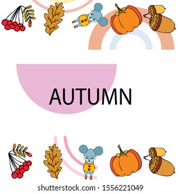 Autumn card with cartoon mouse, autumn leaves, pumpkins. Vector illustration.