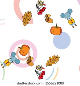 Autumn card with cartoon mouse, autumn leaves, pumpkins. Vector illustration.
