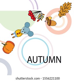 Autumn card with cartoon mouse, autumn leaves, pumpkins. Vector illustration.