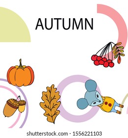 Autumn card with cartoon mouse, autumn leaves, pumpkins. Vector illustration.