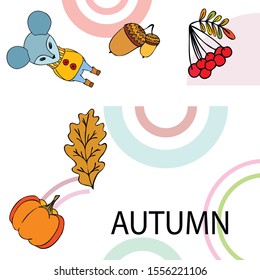 Autumn card with cartoon mouse, autumn leaves, pumpkins. Vector illustration.