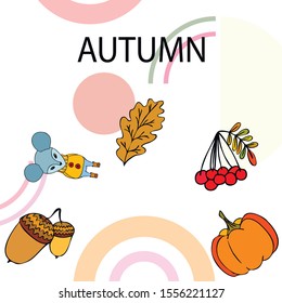 Autumn card with cartoon mouse, autumn leaves, pumpkins. Vector illustration.