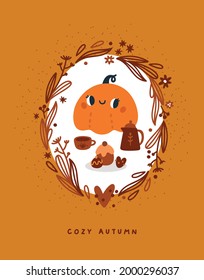 Autumn card with cartoon pumpkin, tea, cakes a wreath of leaves. Happy Halloween illustration with autumn elements. Fall orange squash. Autumnal gourd. Seasonal print with cozy decoration