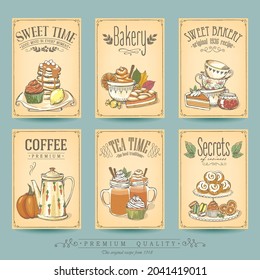 Autumn card collection pastries and tea. Vintage posters of bakery sweet shop or coffee house, restaurant menu, invitation, stickers. Freehand drawing, sketch
