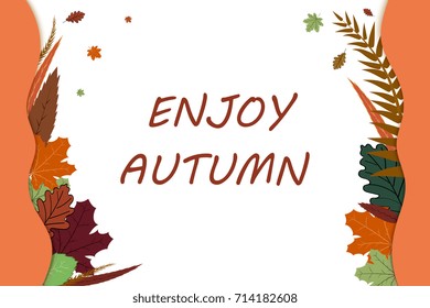 autumn card with colored leaves of oak, maple and fern with the inscription enjoy autumn