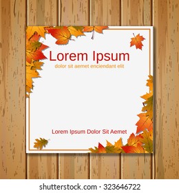 Autumn card with colorful leaves, border, banner, booklet, poster, placard, mockup vector template. Wooden board background