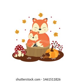 Autumn card with cute animal and autumn leaves and flowers.