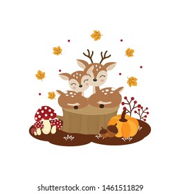 Autumn card with cute animal and autumn leaves and flowers.