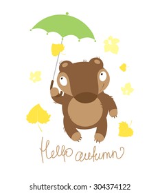 Autumn card with cute cartoon bear,  umbrella and  leaf fall.