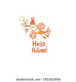 Autumn card with cute cartoon bird. Poster with funny doodle animal. Fall season. Illustration for kids. Vector contour image no fill.