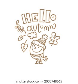 Autumn card with cute cartoon bird. Animal in hat with leaves. Illustration for children. Vector outline image.