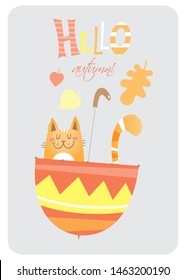 Autumn card with cute cartoon  cat and  umbrella. Funny animal. Autumn season. Rainy weather.  Falling leaves. Illustration for kids. Vector colorful  image.