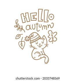 Autumn card with cute cartoon cat. Kitten in hat with leaves. Illustration for children. Vector outline pet.