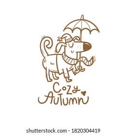 Autumn card with cute cartoon dog. Puppy in a coat and  hat with umbrella. Illustration for children. Vector outline image no fill.