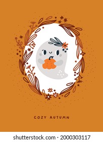 Autumn card with cute cartoon ghost with pumpkin in a wreath of leaves. Fall orange squash. Happy Halloween illustration with autumn elements. Autumnal gourd. Seasonal print with cozy decoration