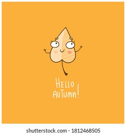 Autumn card with cute cartoon leaf. Poster with funny plant. Fall season. Falling leaves. Illustration for kids. Vector contour colorfool image.