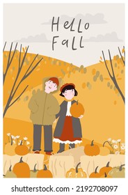Autumn card with cute couple character - girl and boy and fall landscape. Fall outdoors, romantic date, happy autumn couple. Hand drawn lettering. Flat cartoon vector illustration