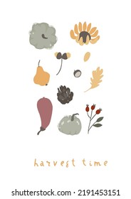 Autumn card with cute and cozy floral design elements. Set of fall leaves, acorns, berries, mushrooms, vegetables, pumpkins, sunflower. Cartoon flat vector illustration isolated on white background. 