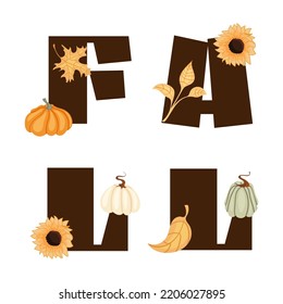 Autumn card with cute, cozy, autumn pumpkins, sunflowers, leaves
 and lettering. Cute vector illustration.