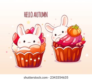 Autumn card with cute dessert in kawaii style. Cake, muffin or cupcake with whipped cream and tiny bunny. Inscription Hello autumn. Vector illustration EPS10