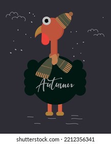  Autumn card with a cute flat design Turkey with a Hat and Scarf.