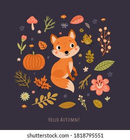 Autumn card with a cute fox. Floral background