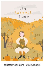 Autumn card with cute girl character in traditional pilgrim, thanksgiving costume and fall apple garden landscape. Harvest, famer market festival. Hand drawn lettering. Flat cartoon vector graphic