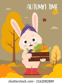 Autumn card with Cute hare in rubber boots and wooden box of vegetables on background of an autumn landscape. Vector illustration with funny farmer rabbit autumn time - for design, postcards, flyers