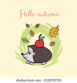 Autumn card with a cute hedgehog. Childish, retro, doodle, cartoon, sketch style. Hello autumn text. Colorful backdrop.
