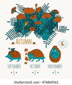 Autumn Card with Cute Hedgehogs Vector Illustration. Marigold flowers.