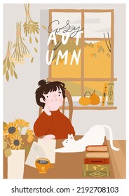 Autumn card with cute styding girl character and fall landscape in window. Cozy fall student room interior decoration. Books, cat, cuo of coffee. Hand drawn lettering. Flat cartoon vector illustration