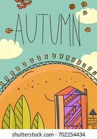 Autumn card with cute sun and leaves.Typography flyer template with lettering. Fall leaves. Poster, card, label, banner design illustration. Vector illustration EPS10