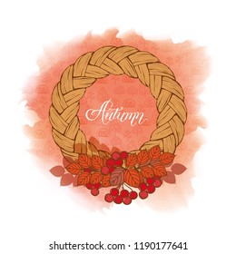 Autumn card with decorative elements. Wreath with rowan branches and fruits