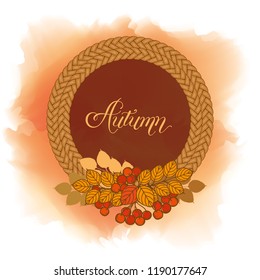 Autumn card with decorative elements. Wreath with rowan branches and fruits