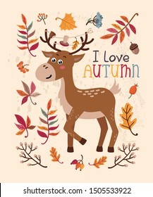 Autumn card with deer and leaves
