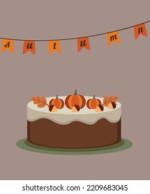 Autumn card design with a cute Cake and Pumpkin, Acorn. I deal with posters, postcards, invitations, and banners.