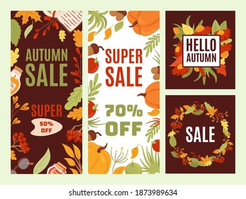 Autumn card design, vector illustration. Colorful poster decorated with orange leaves. Seasonal discount, hello lettering, sale promotional offer. Business promotion concept in golden season.