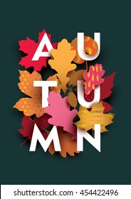 Autumn card with different plant elements on dark background. Colorful illustration for your banner, poster, flyer. Vector illustration.