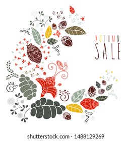 Autumn card with fall color leaves, briar, pigeons, flower and acorn. Abstract floral pattern. Good for autumn wedding invitation and sale card.