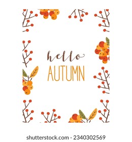 Autumn card. Fall season cozy poster. seasonal banner with rowanberry and quote inside - hello autumn. Stock vector design