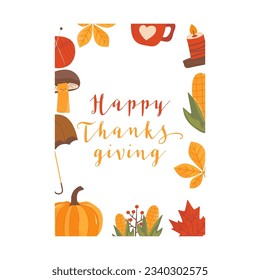 Autumn card. Fall season cozy poster. Autumn seasonal banner with mushrooms, chestnut leaves, pumpkin and quote inside - happy Thanksgiving day. Stock vector design