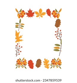 Autumn card. Fall season cozy poster. Autumn thanksgiving seasonal banner with chestnut leaves, red maple leaves. Stock vector design.