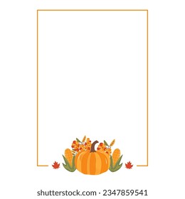 Autumn card. Fall season cozy poster. Autumn thanksgiving seasonal banner with corn, leaves, pumpkin. Stock vector design.