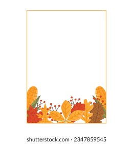 Autumn card. Fall season cozy poster. Autumn thanksgiving seasonal banner with corn, chestnut leaves. Stock vector design.