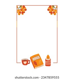 Autumn card. Fall season cozy poster. Autumn thanksgiving seasonal banner with rowanberry, coffee cup, book and candle. Stock vector design.