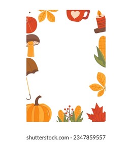 Autumn card. Fall season cozy poster. Autumn thanksgiving seasonal banner with ball of yarn, umbrella, leaves and pumpkin. Stock vector design.